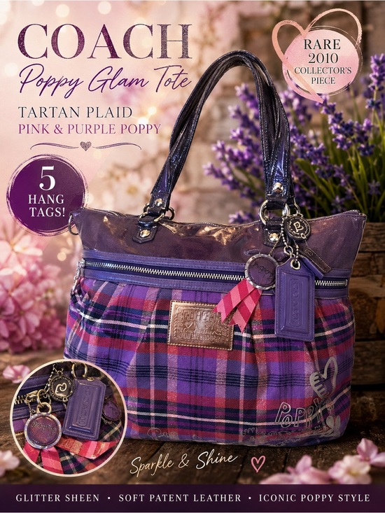 Coach Handbags - Coach Tartan Plaid Glam Tot Pink & Purple Poppy &  5 Hang Tags -‎ Collectible